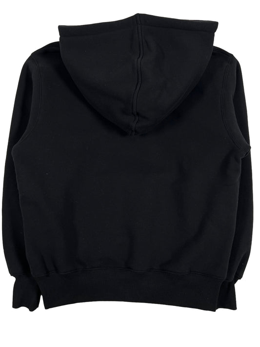 A PLEASURES black hooded sweatshirt, made of polyester, on a white background.