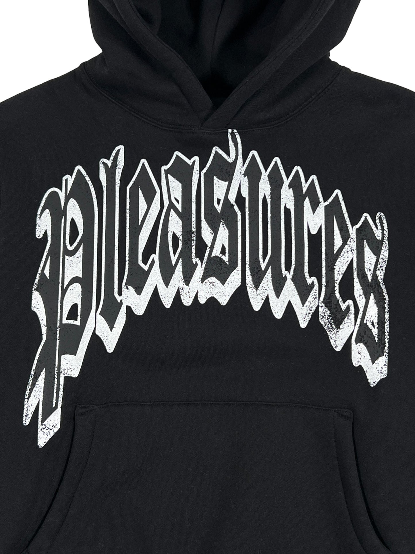 A black cotton hoodie with the PLEASURES TWITCH HOODIE BLK on it.