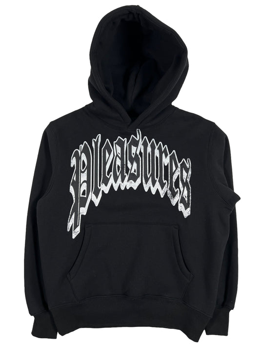 A vintage PLEASURES TWITCH HOODIE BLK with the word "pleasures" on it.