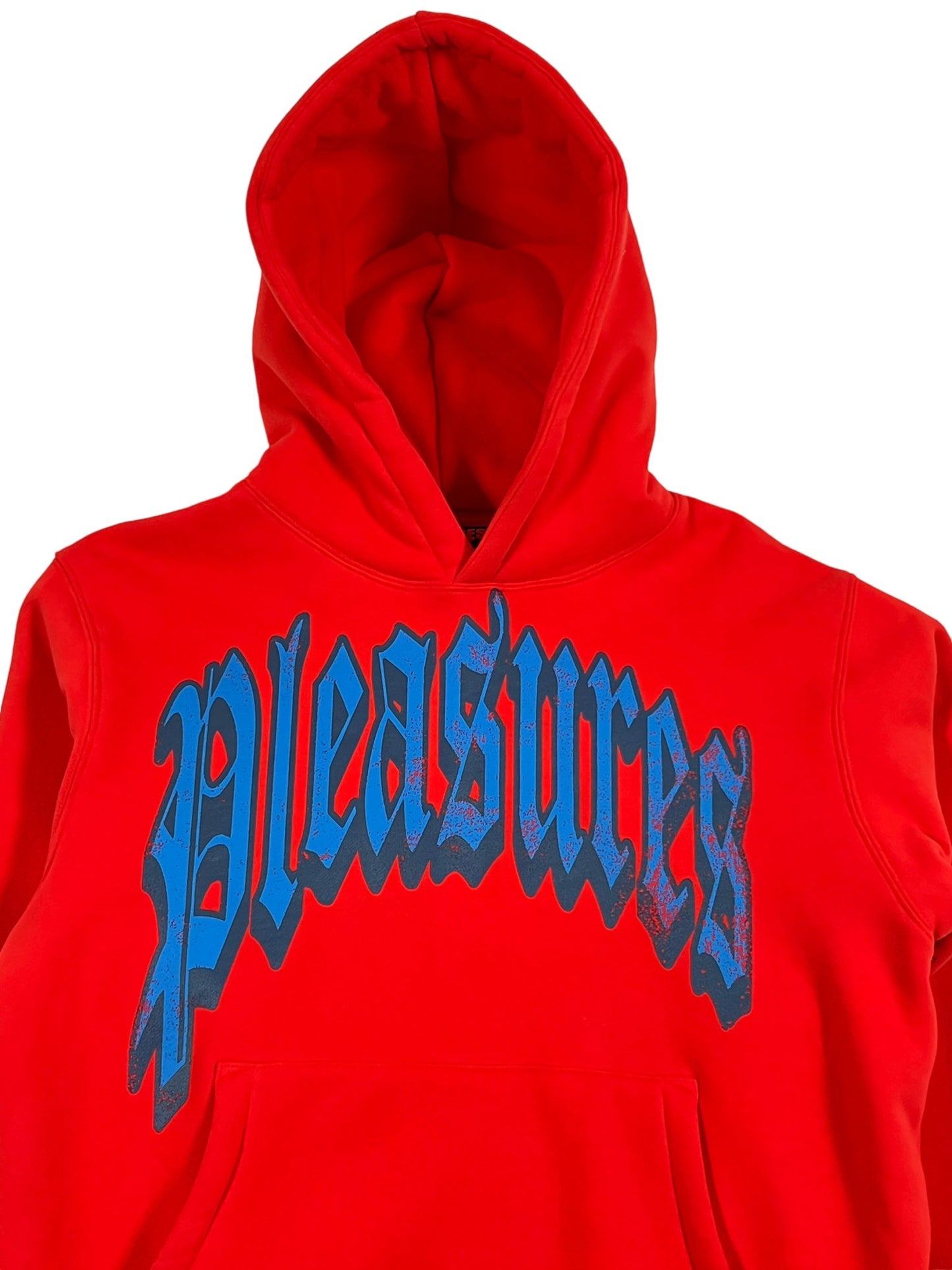 A red cotton PLEASURES hoodie with the word pleasures on it and a kangaroo pocket.
