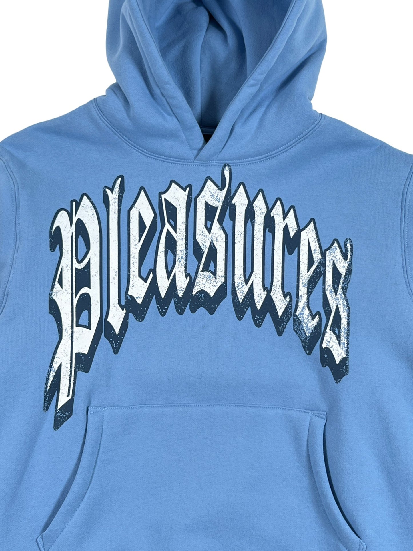 A vintage PLEASURES hoodie with the word "pleasures" on it, made from cotton.