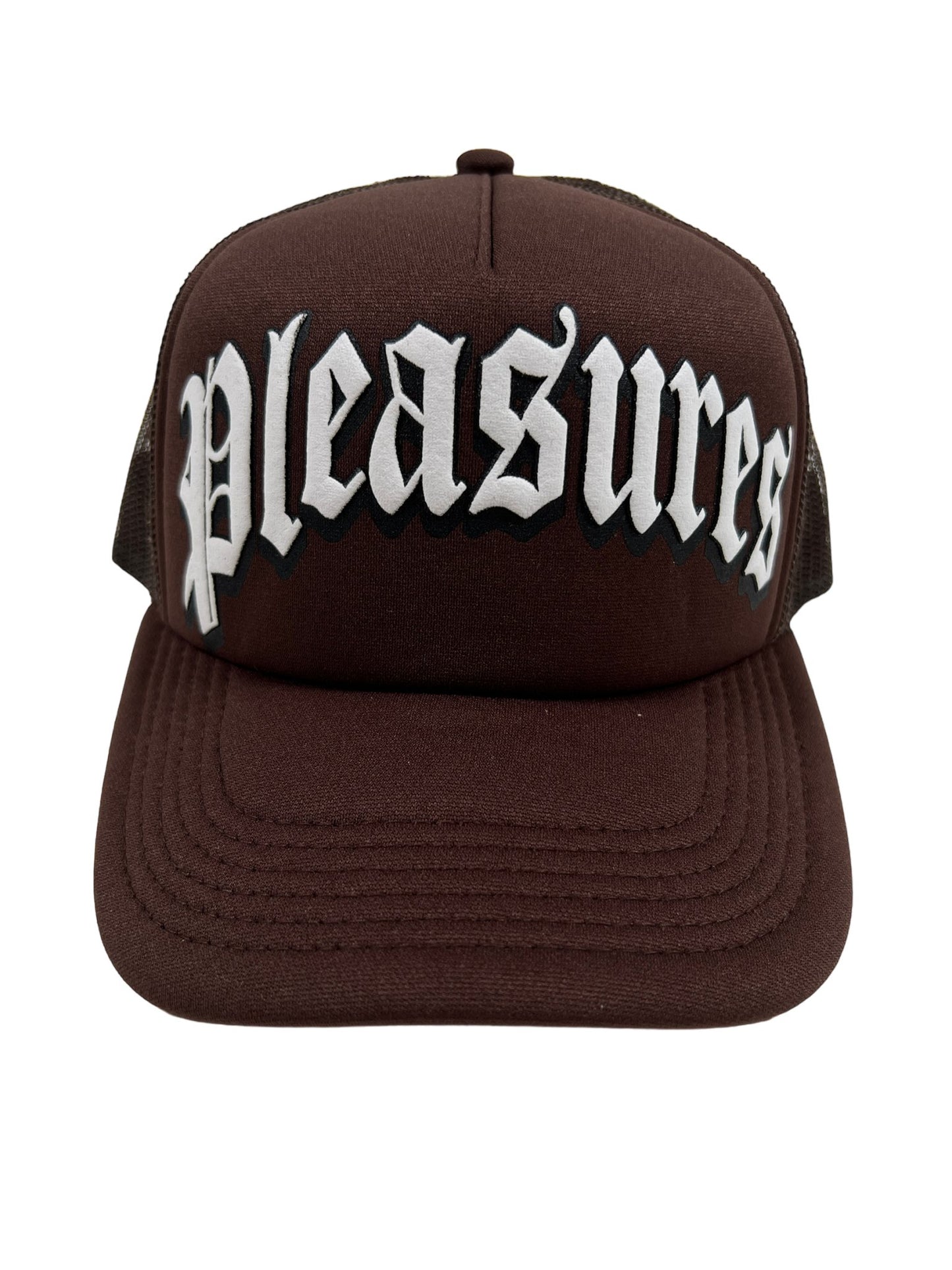 A brown nylon snapback hat with the word PLEASURES on it.