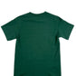The Pleasures Your Time T-shirt Green by PLEASURES is displayed flat with the back side facing up—a bold choice for unapologetic style.
