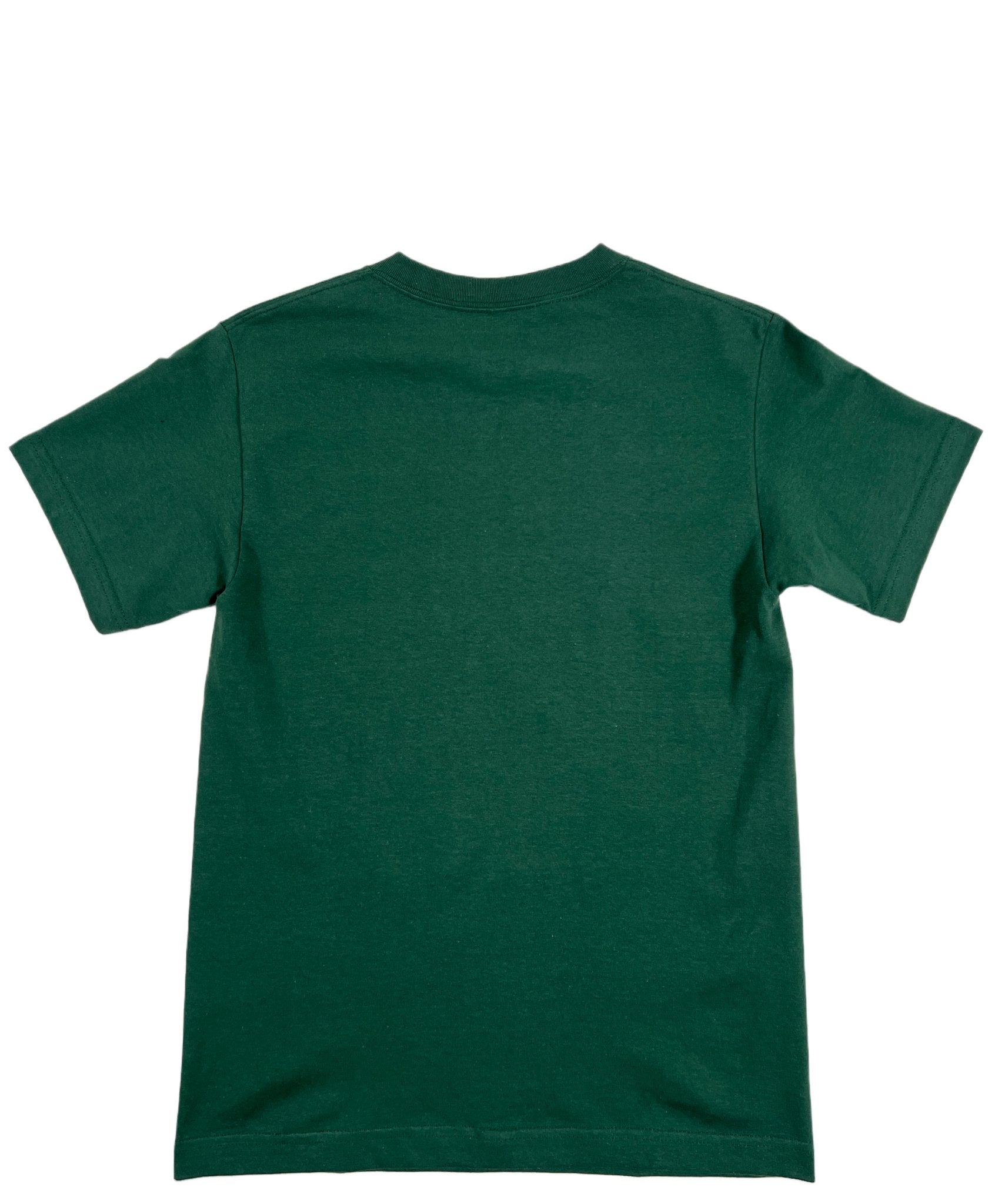 The Pleasures Your Time T-shirt Green by PLEASURES is displayed flat with the back side facing up—a bold choice for unapologetic style.