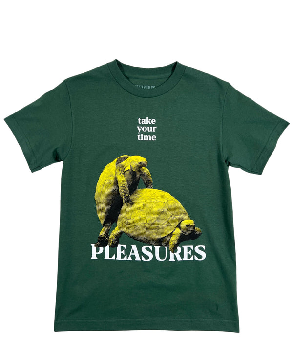 A green cotton t-shirt that says little time pleasures.