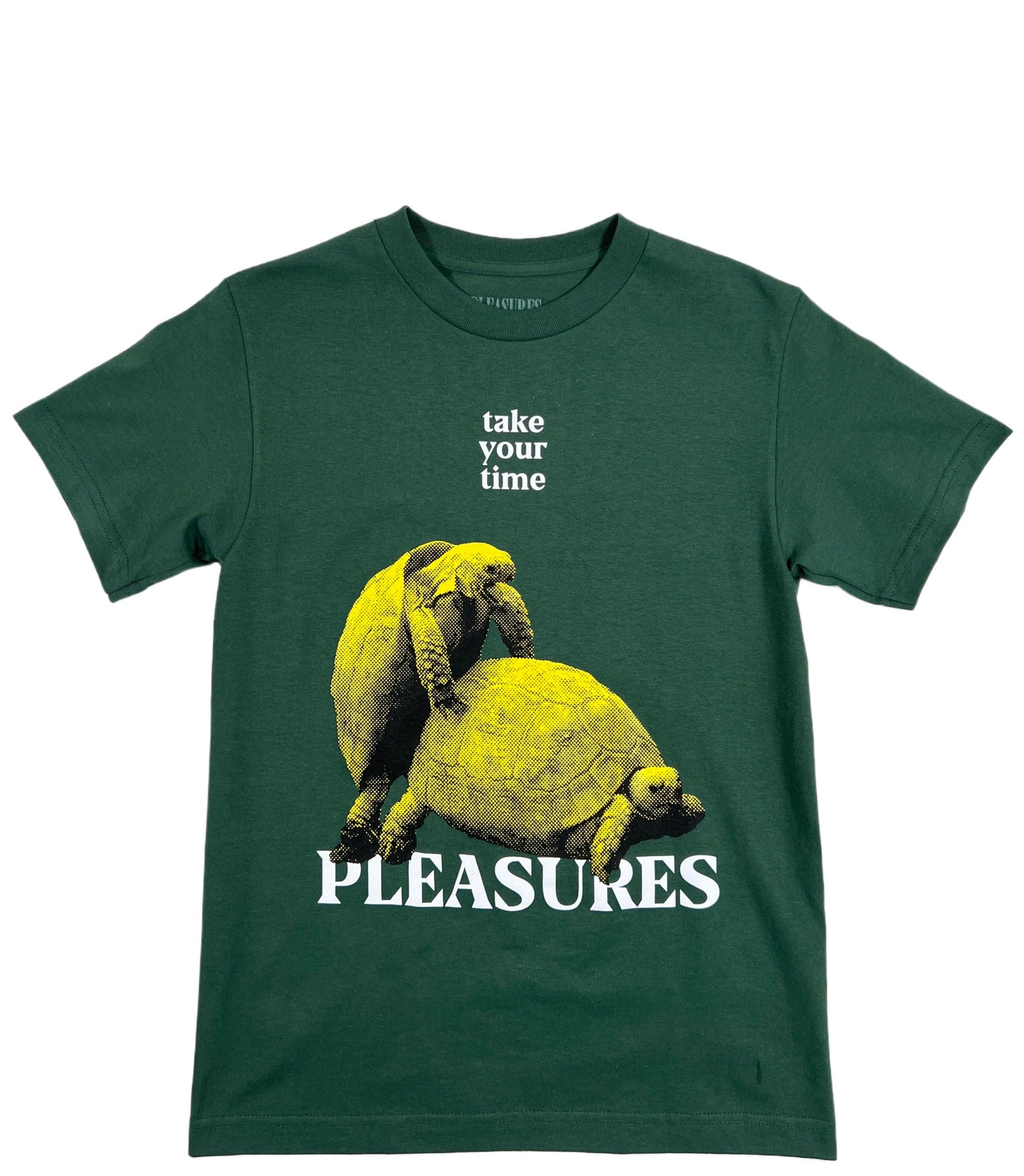 The Pleasures Your Time T-shirt Green by PLEASURES features a playful graphic of two yellow tortoises mating, with "take your time" above and "PLEASURES" below—a bold pick for those with unapologetic style.