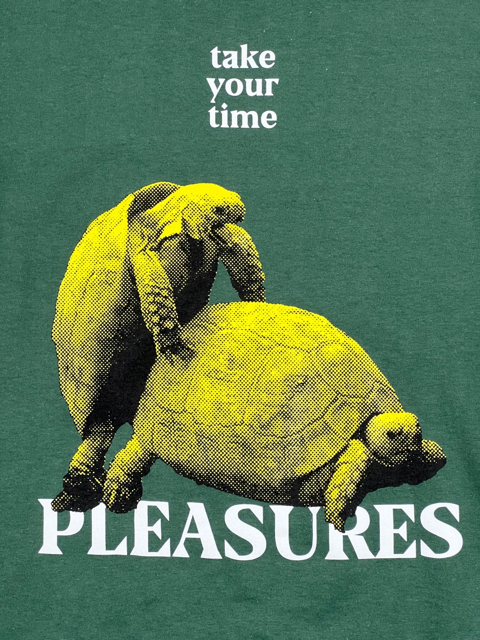 The Pleasures Your Time T-shirt in green features two yellow tortoises mating, with "take your time" above and "PLEASURES" below, delivering bold style from the PLEASURES brand.