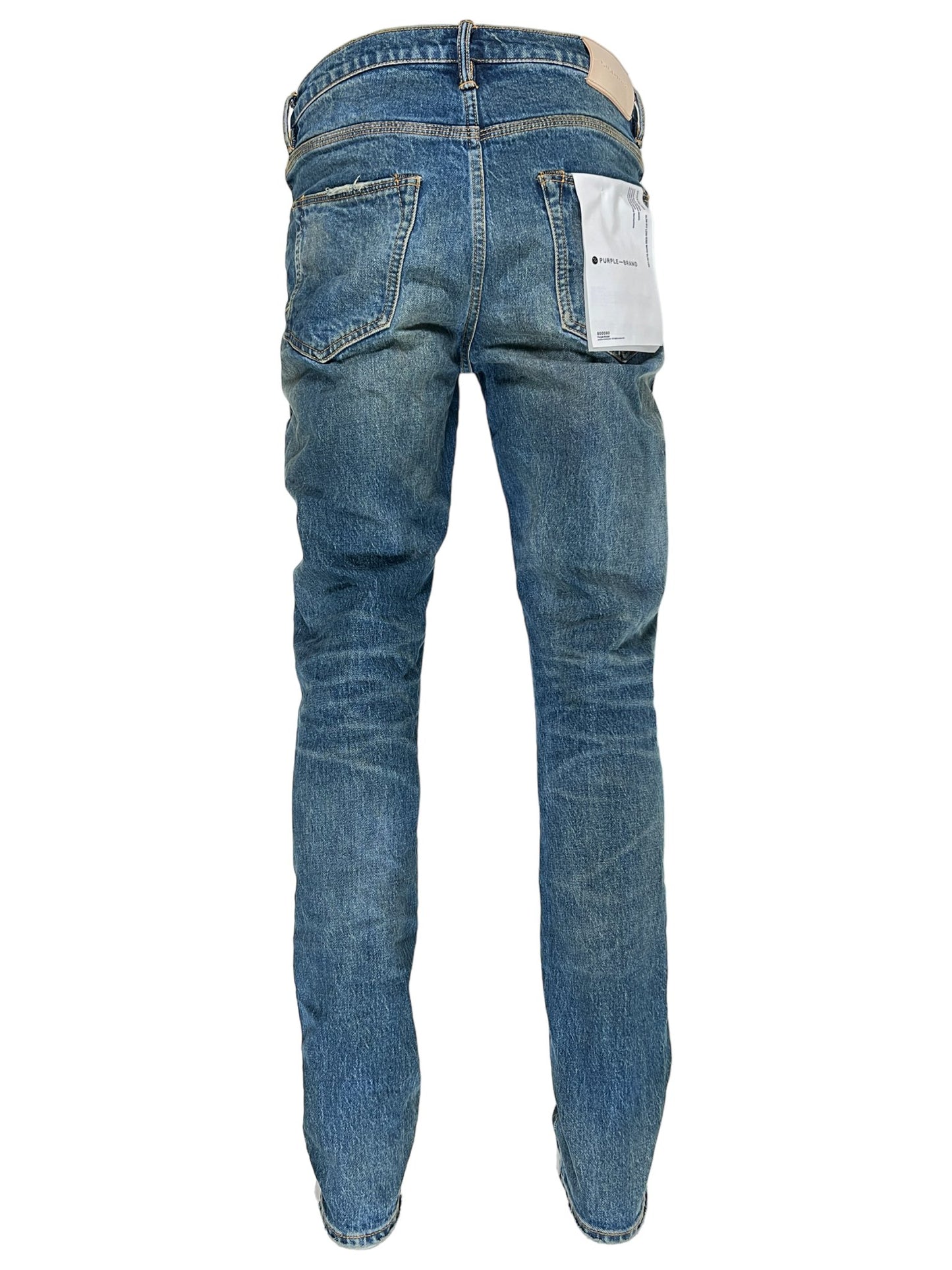 The back view of a pair of Purple Brand P001-DPMI Dirty Patina DK Indigo jeans.