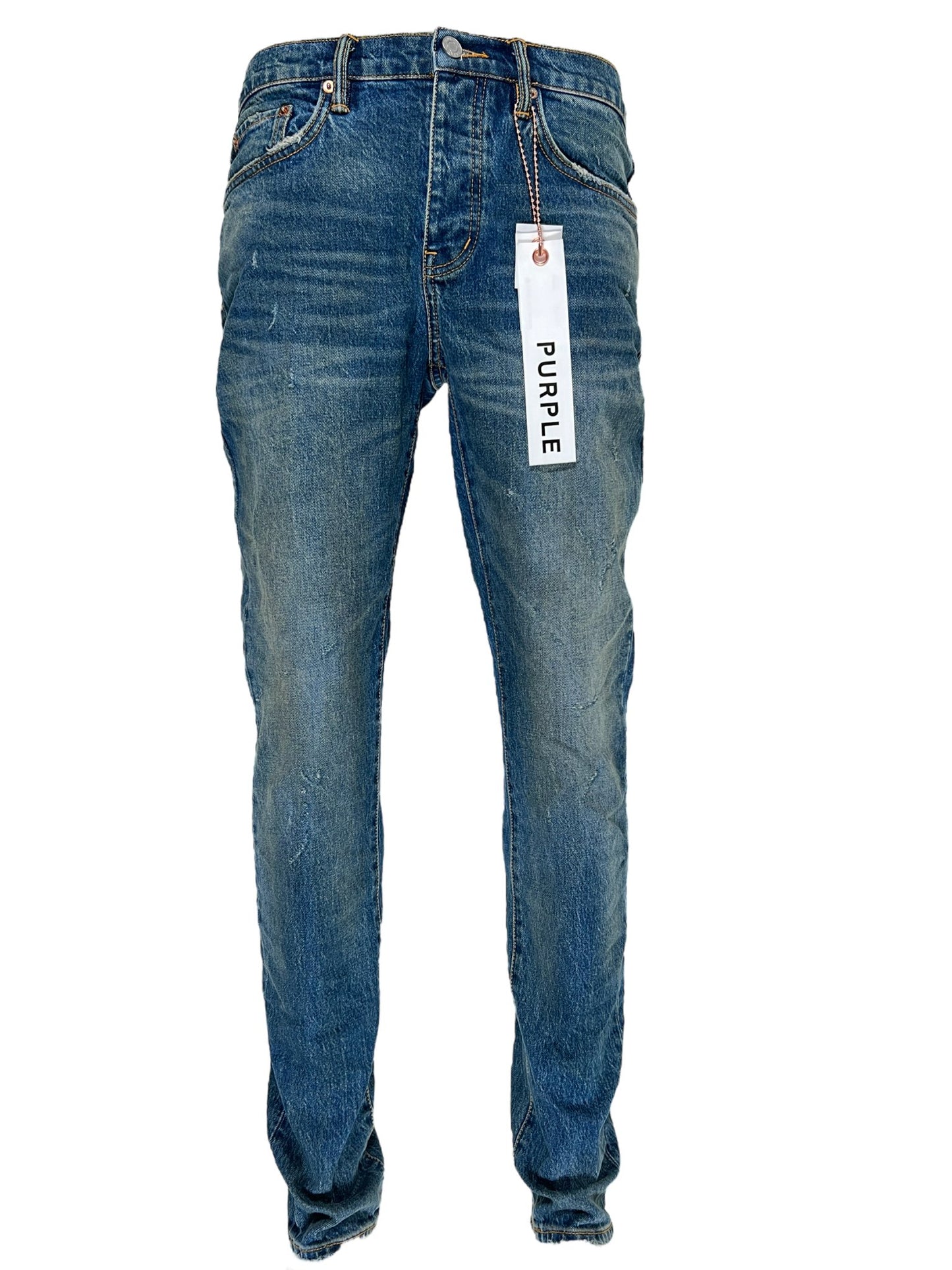 Sentence with the replaced product:

A pair of Purple Brand P001-DPMI Dirty Patina DK Indigo jeans with a tag on them.