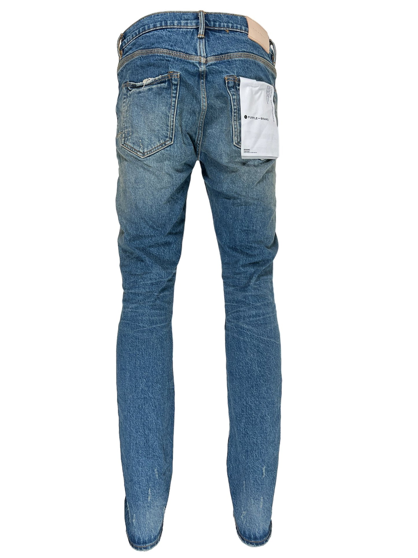 A pair of PURPLE BRAND P001-THMI THRASHED MID INDIGO premium stretch denim jeans with a pocket on the back.