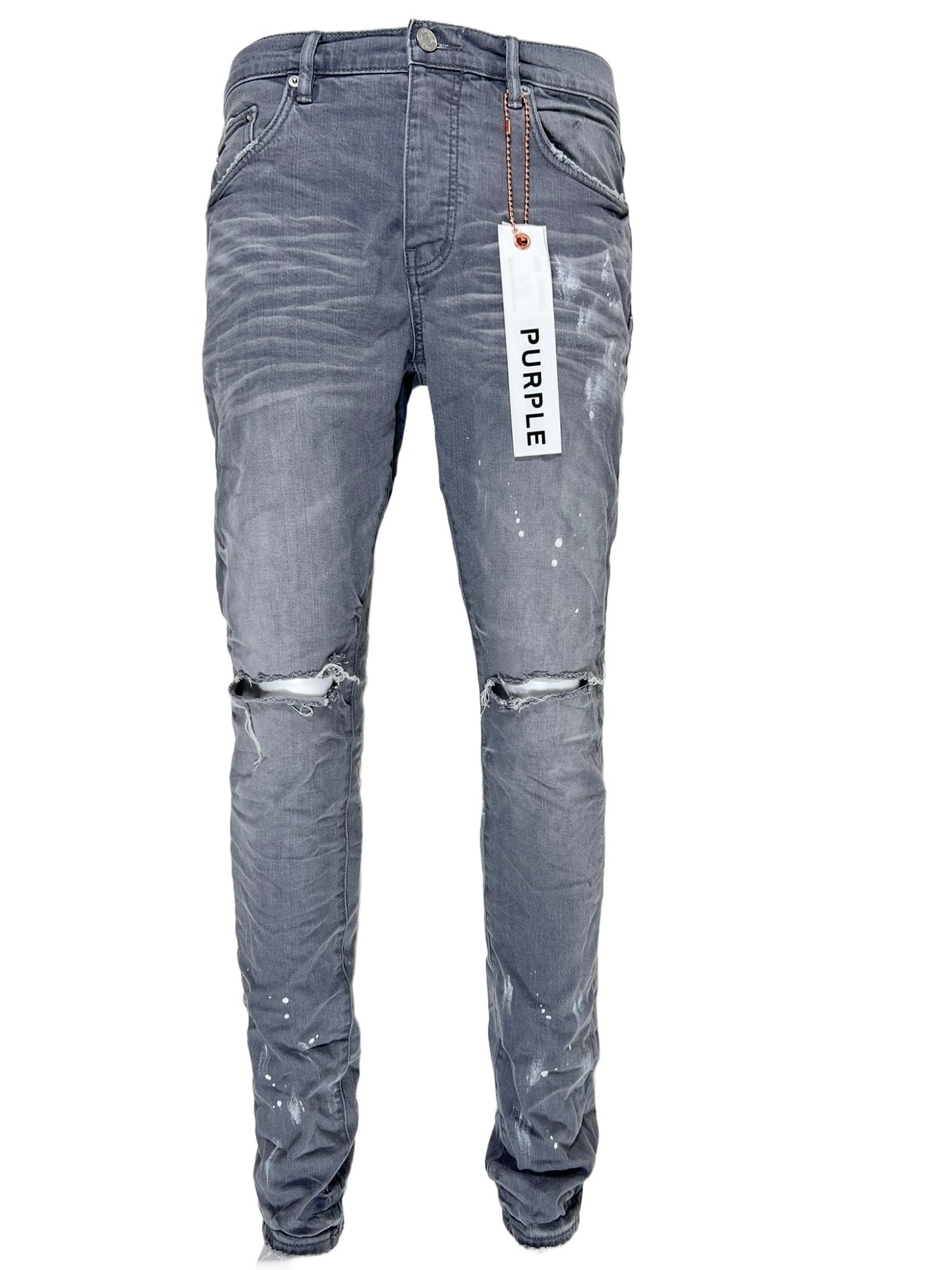 A pair of PURPLE BRAND JEANS P001-WGKS WORN GREY KNEE SLIT with a tag on them, featuring reinforced belt loops for enhanced durability.