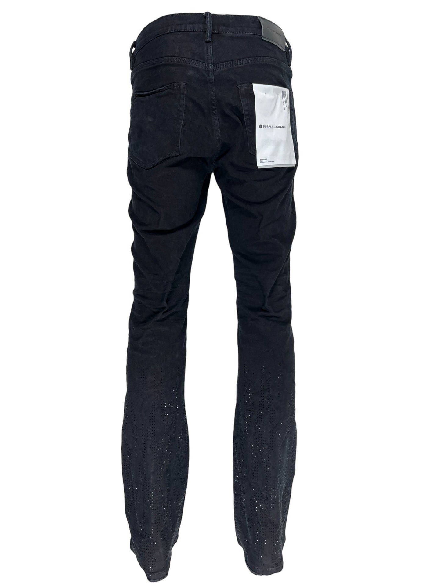 The back view of a pair of PURPLE BRAND P004-FFBL FLAMED FLARE BLACK jeans.