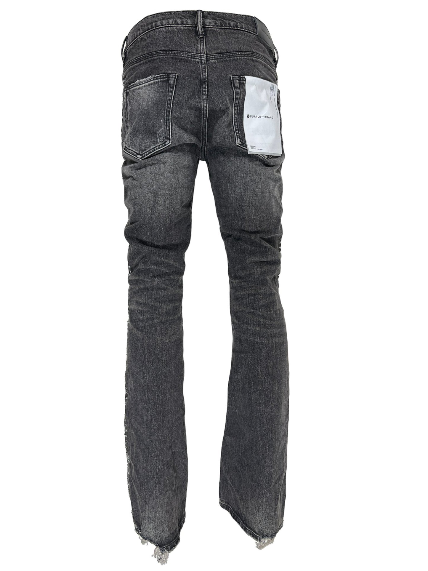 The back view of a pair of PURPLE BRAND P004-VNBL VINTAGE FLARE BLACK stretch denim jeans.