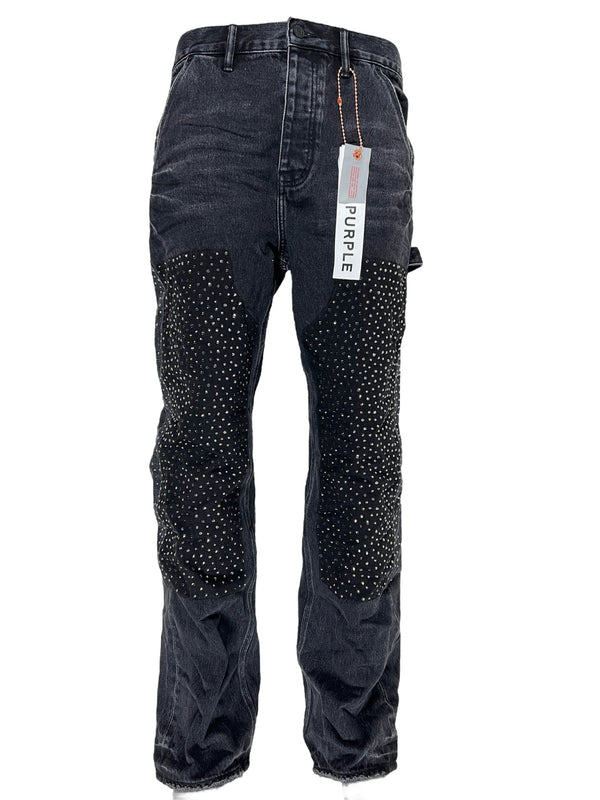 A pair of PURPLE BRAND JEANS P015-CCBL CRYSTAL CARPENTER BLACK denim jeans with crystal studs on them.