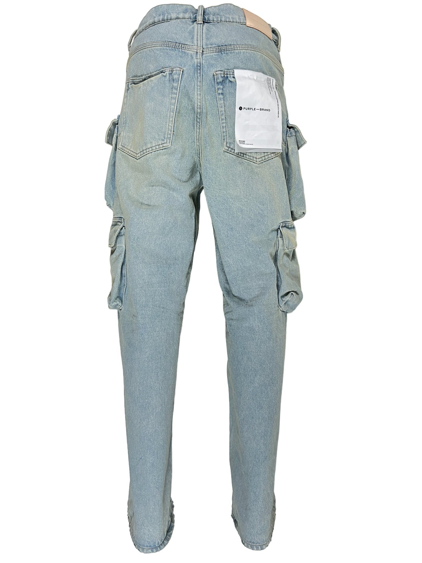 A pair of mid-rise PURPLE BRAND P018-BGLI RELAXED DOUBLE CARGO LT INDIGO stretch denim cargo pants.