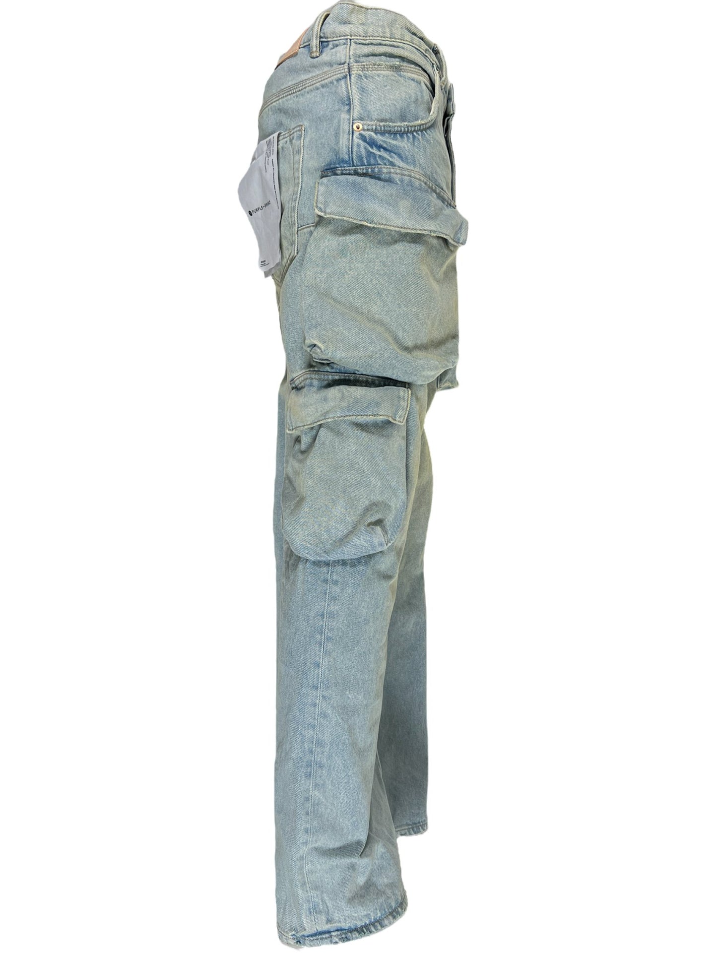 A pair of PURPLE BRAND P018-BGLI RELAXED DOUBLE CARGO LT INDIGO jeans with cargo pockets on the side.