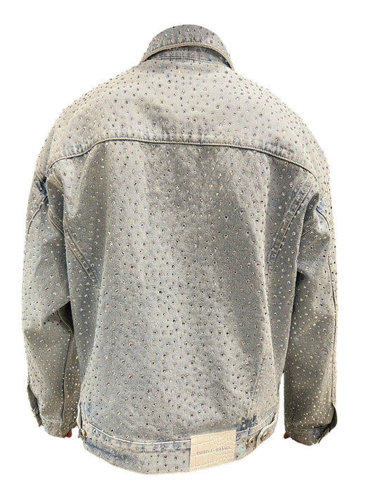 The back view of an oversized denim jacket with studded details the PURPLE BRAND P027-CGIT CRYSTAL GALORE LT INDIGO.