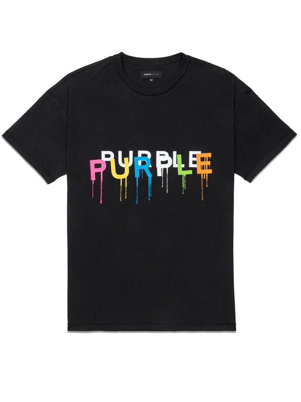 A stylish PURPLE BRAND P101-JBBW TEXTURED TEE BLACK with colorful paint splatters on it.