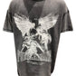 The Purple Brand P101-JFBB Textured Inside Out Tee in black offers a relaxed fit with distressed details, crafted from premium jersey knit. It is adorned with winged figure illustrations and the text "PURPLE BRAND" and "XXIV".