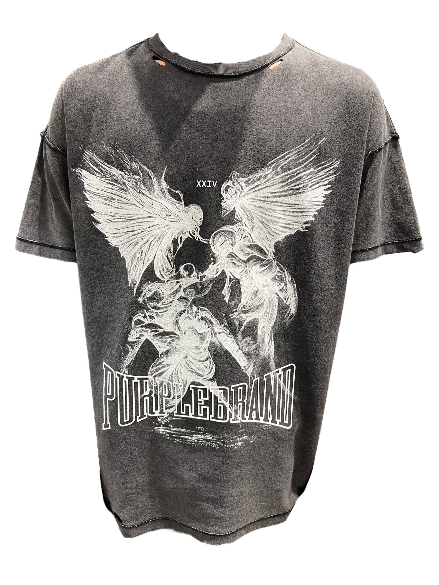 The Purple Brand P101-JFBB Textured Inside Out Tee in black offers a relaxed fit with distressed details, crafted from premium jersey knit. It is adorned with winged figure illustrations and the text "PURPLE BRAND" and "XXIV".