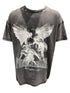 The Purple Brand P101-JFBB Textured Inside Out Tee in black offers a relaxed fit with distressed details, crafted from premium jersey knit. It is adorned with winged figure illustrations and the text "PURPLE BRAND" and "XXIV".