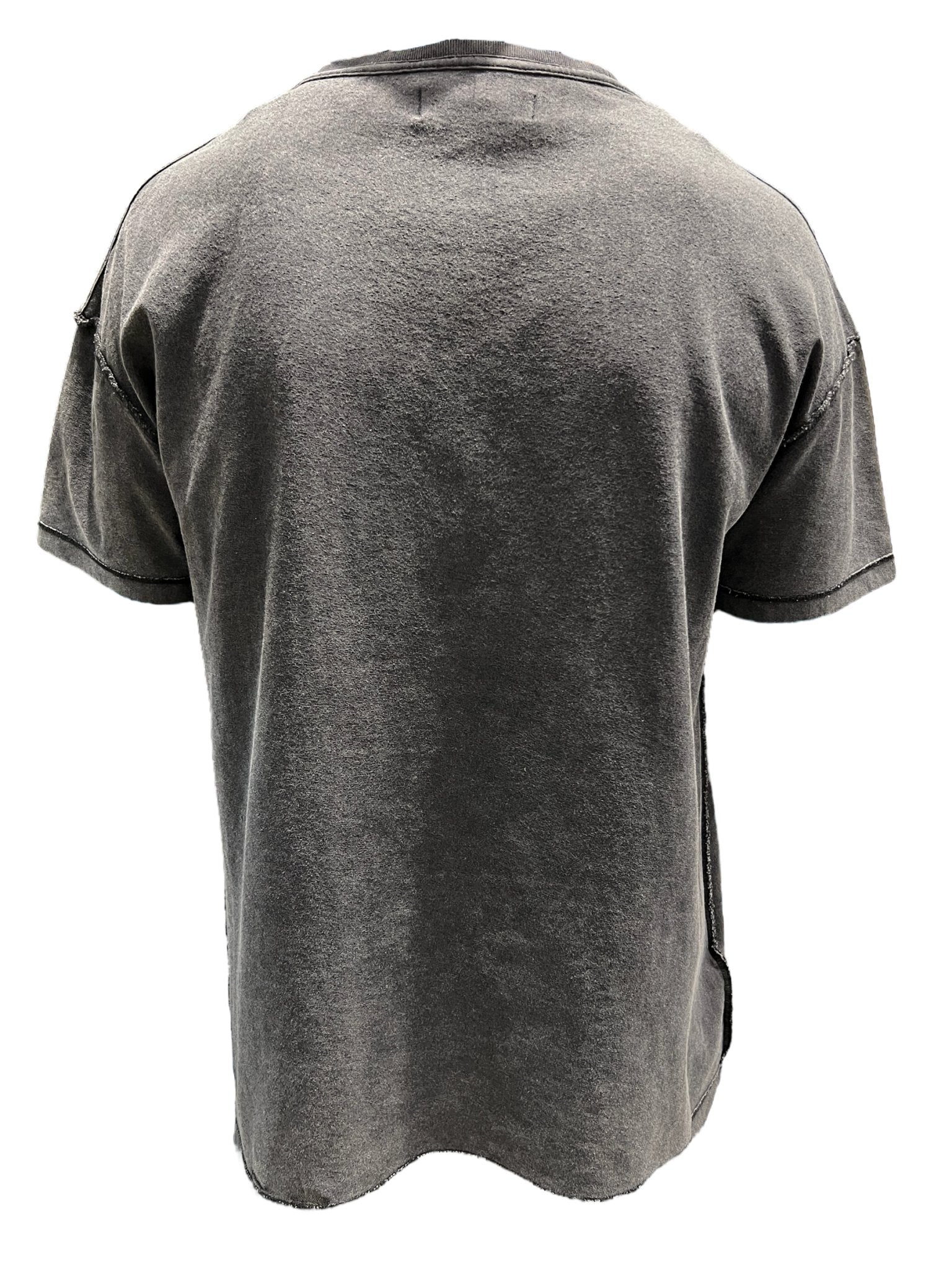 Back view of a PURPLE BRAND P101-JFBB Textured Inside Out Tee in black, highlighting its relaxed fit in premium jersey knit, on a white background.