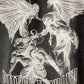 A stylized white sketch of mythical figures in battle with "XXIV" above appears on the Purple Brand P101-JFBB Black Tee, showcasing premium jersey knit craftsmanship.
