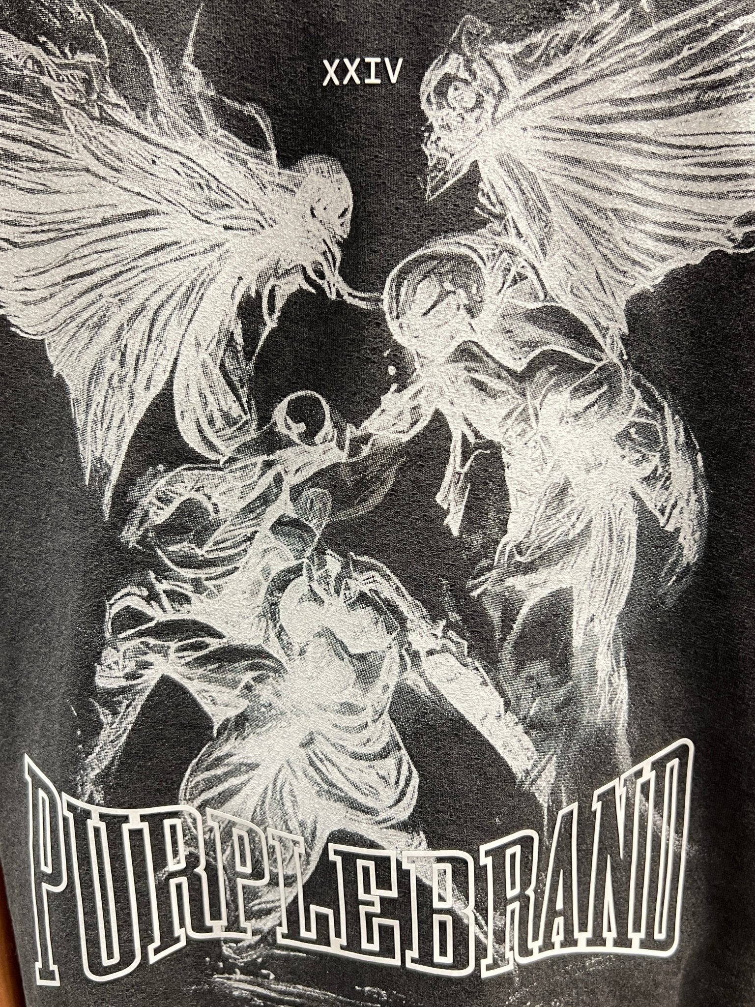 A stylized white sketch of mythical figures in battle with "XXIV" above appears on the Purple Brand P101-JFBB Black Tee, showcasing premium jersey knit craftsmanship.