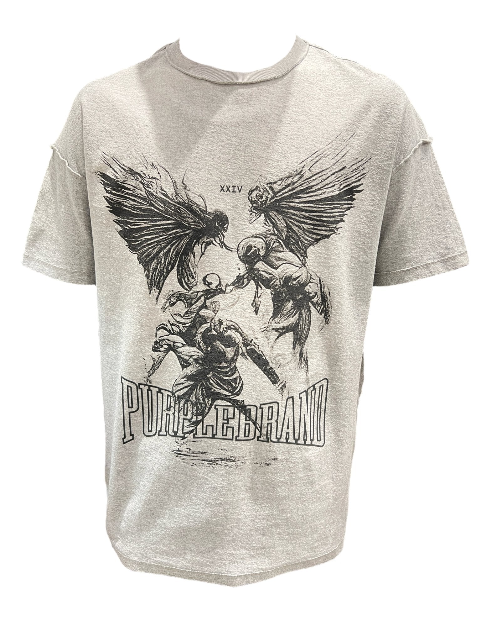 A PURPLE BRAND P101-JFHG224 TEXTURED INSIDE OUT TEE HEATHER with a graphic image of two angels.