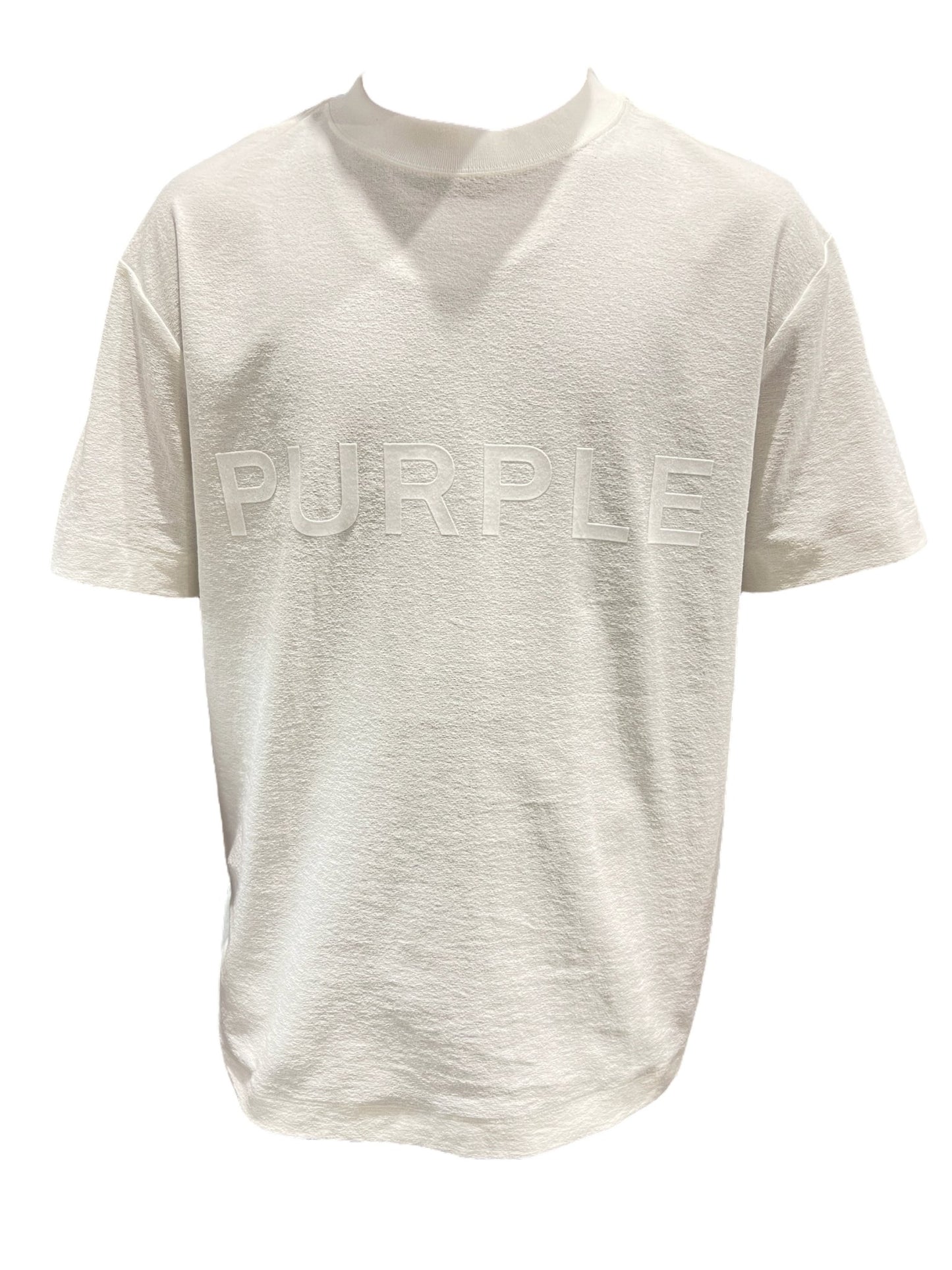 An PURPLE BRAND P104-JWCM TEXTURED JERSEY SS TEE OFF WHITE with the word "PURPLE BRAND" on it.