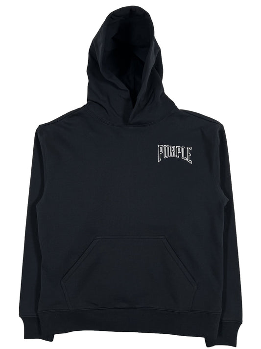 Black PURPLE BRAND P447-FFBB FRENCH TERRY PO HOODY with the word "purple" printed on the chest, made of 100% cotton.