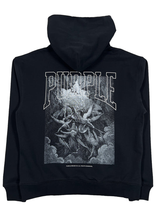 PURPLE BRAND P447-FFBB FRENCH TERRY PO HOODY BLACK hoodie with "purple" text and graphic print.