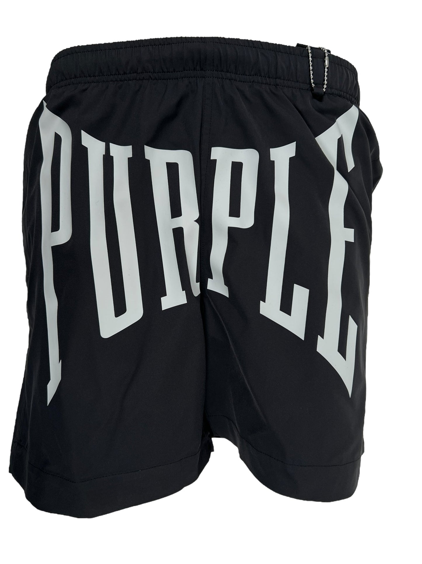 Black PURPLE BRAND Polyester swim trunks with the word "purple" printed in white letters.