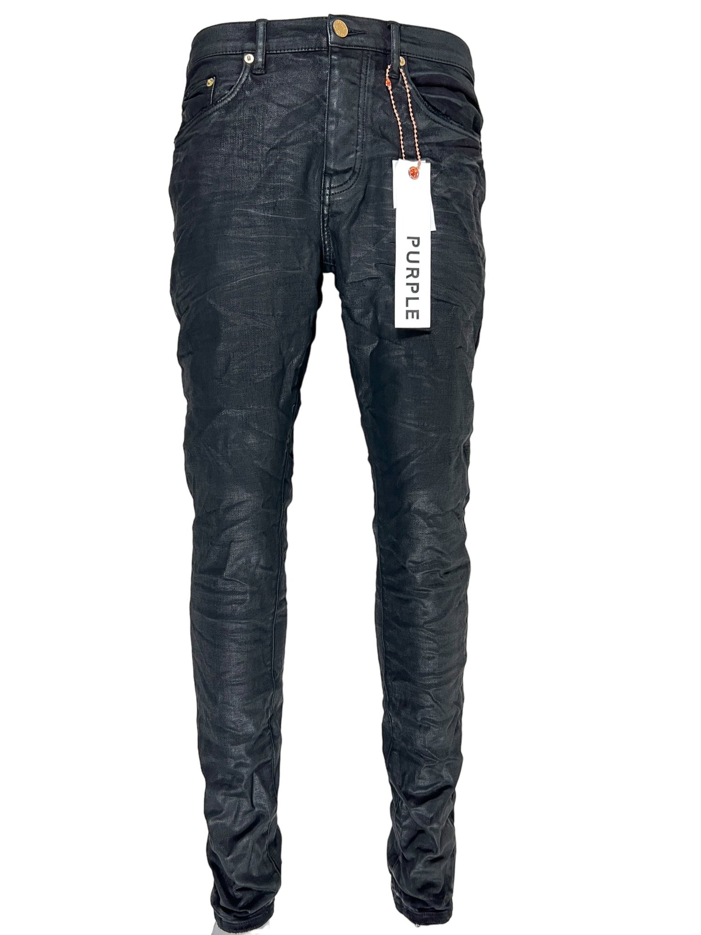 A pair of slim fit black jeans with a tag on them from the luxury PURPLE BRAND JEANS P001-BCRB MIDNIGHT COATED BLACK collection.