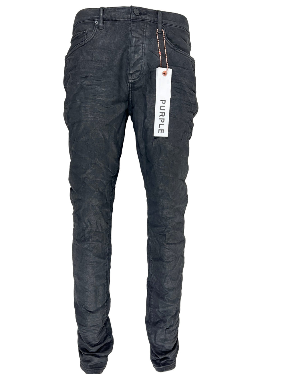 A pair of PURPLE BRAND black denim jeans with a tag on them.