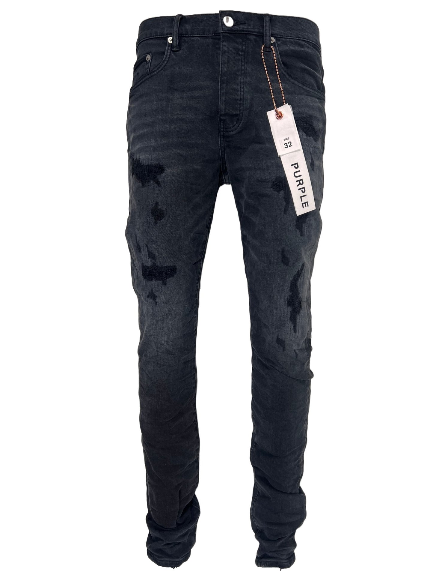 A pair of PURPLE BRAND JEANS P001-BQDP BLACK QUILTED DESTROY PKT with a tag on them.