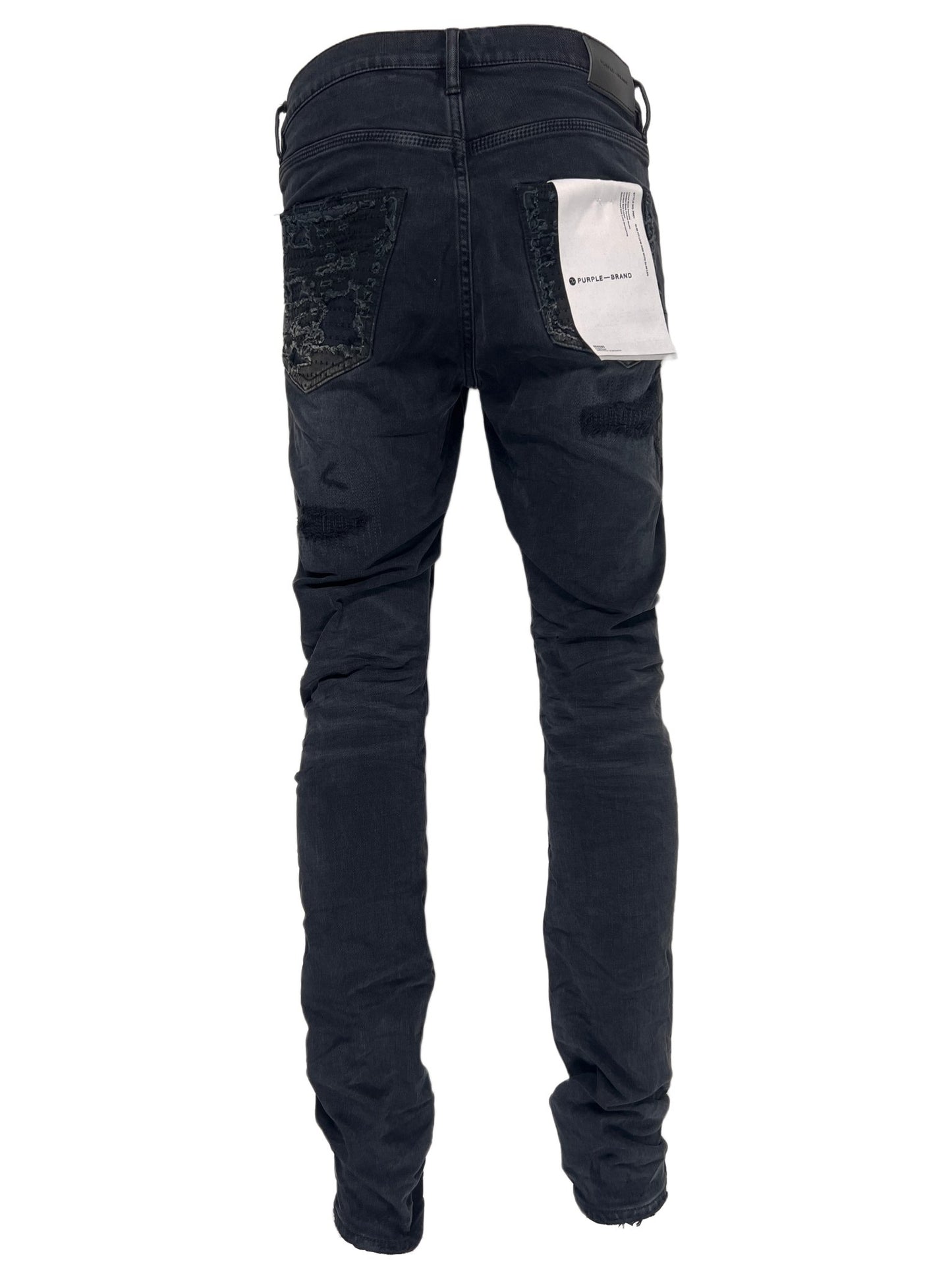 A pair of black PURPLE BRAND JEANS P001-BQDP with a quilted pocket on the back.