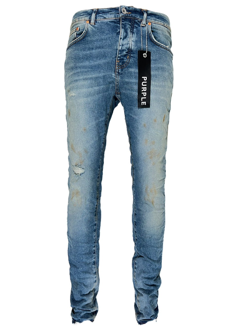 A pair of PURPLE BRAND blue jeans with a tag on them.