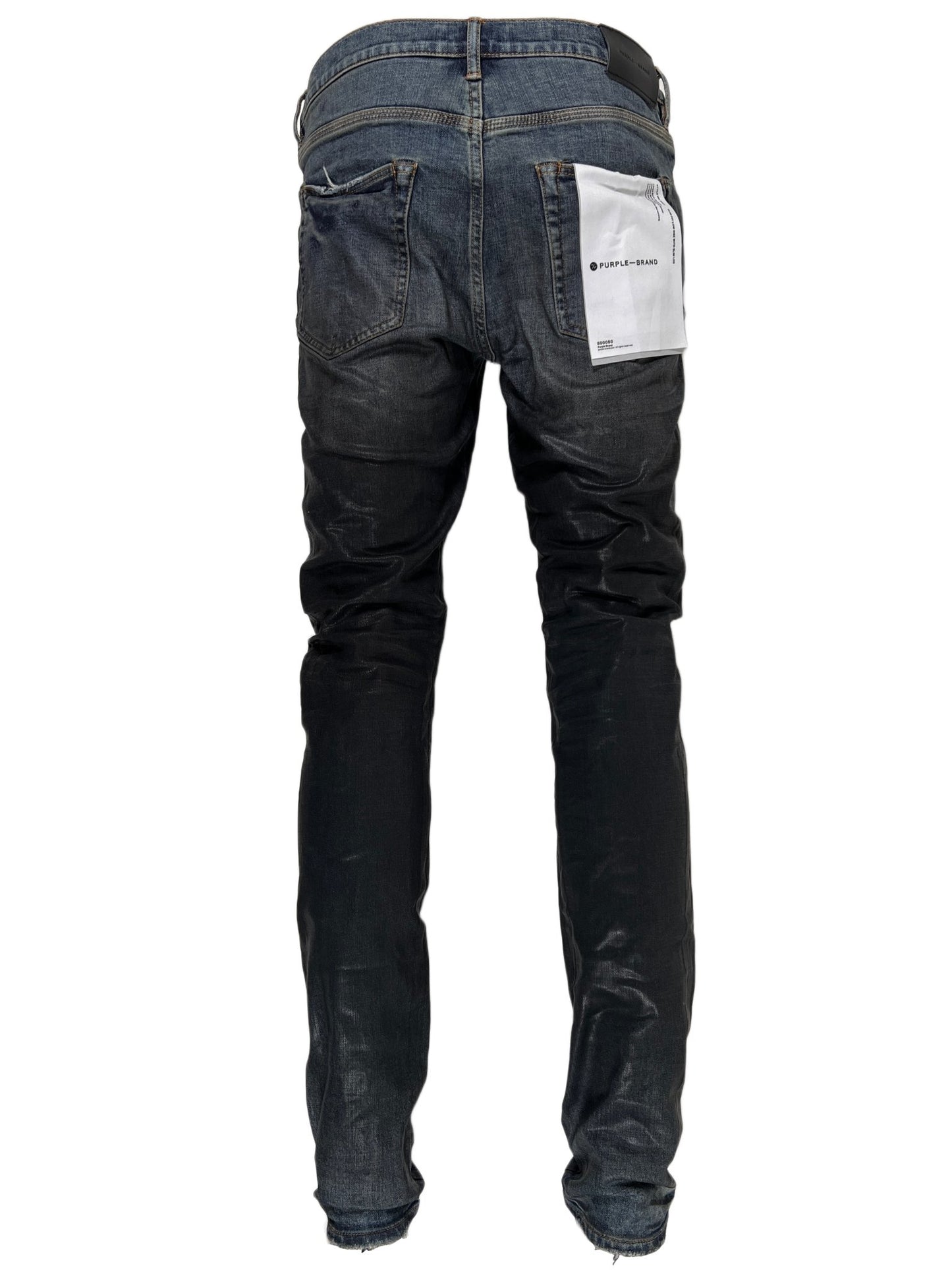 The back view of a pair of PURPLE BRAND JEANS P001-IBCG MID INDIGO BLACK COATED GRADIENT jeans.