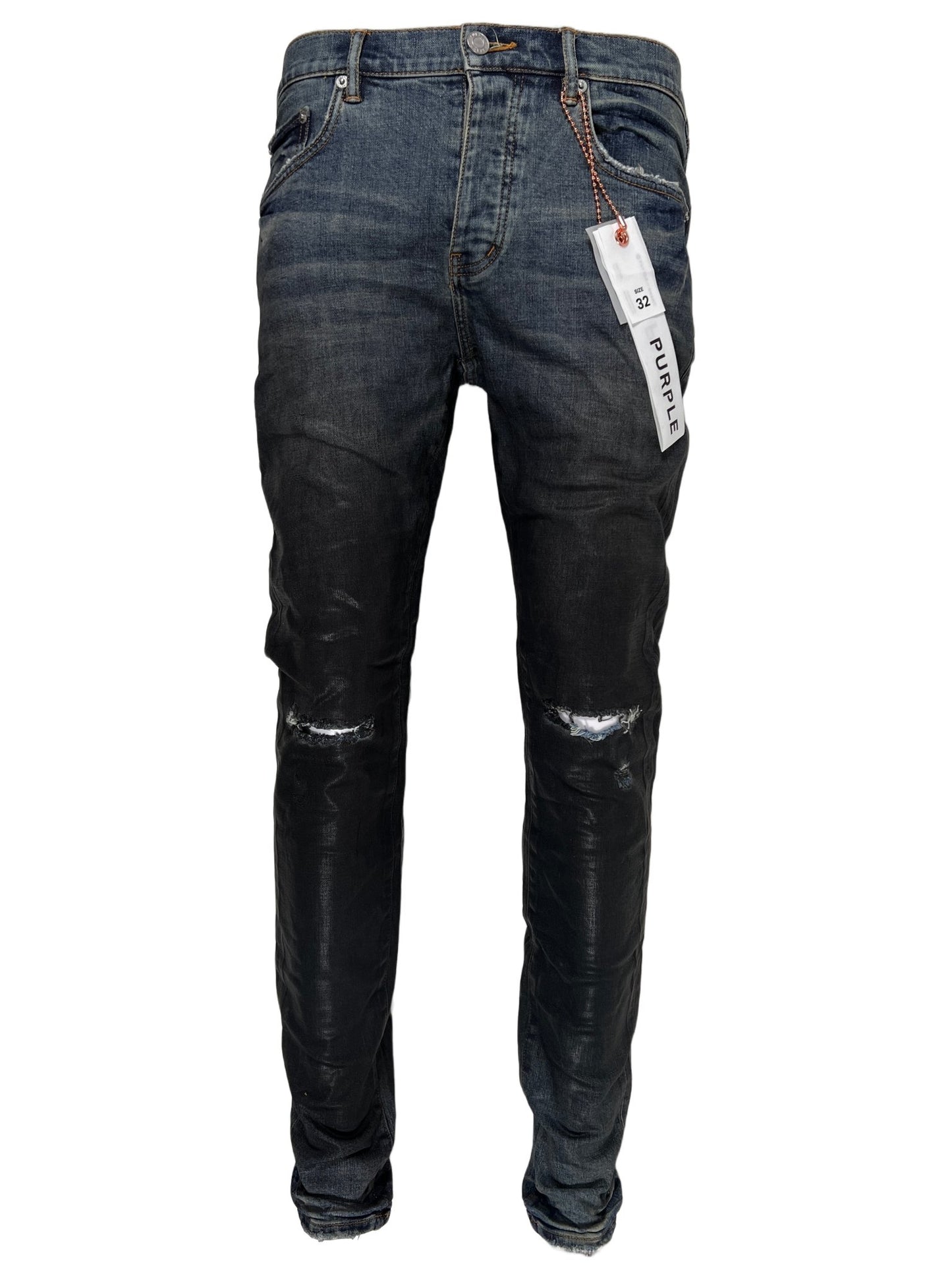 A pair of men's jeans with a tag from PURPLE BRAND JEANS P001-IBCG MID INDIGO BLACK COATED GRADIENT on them.
