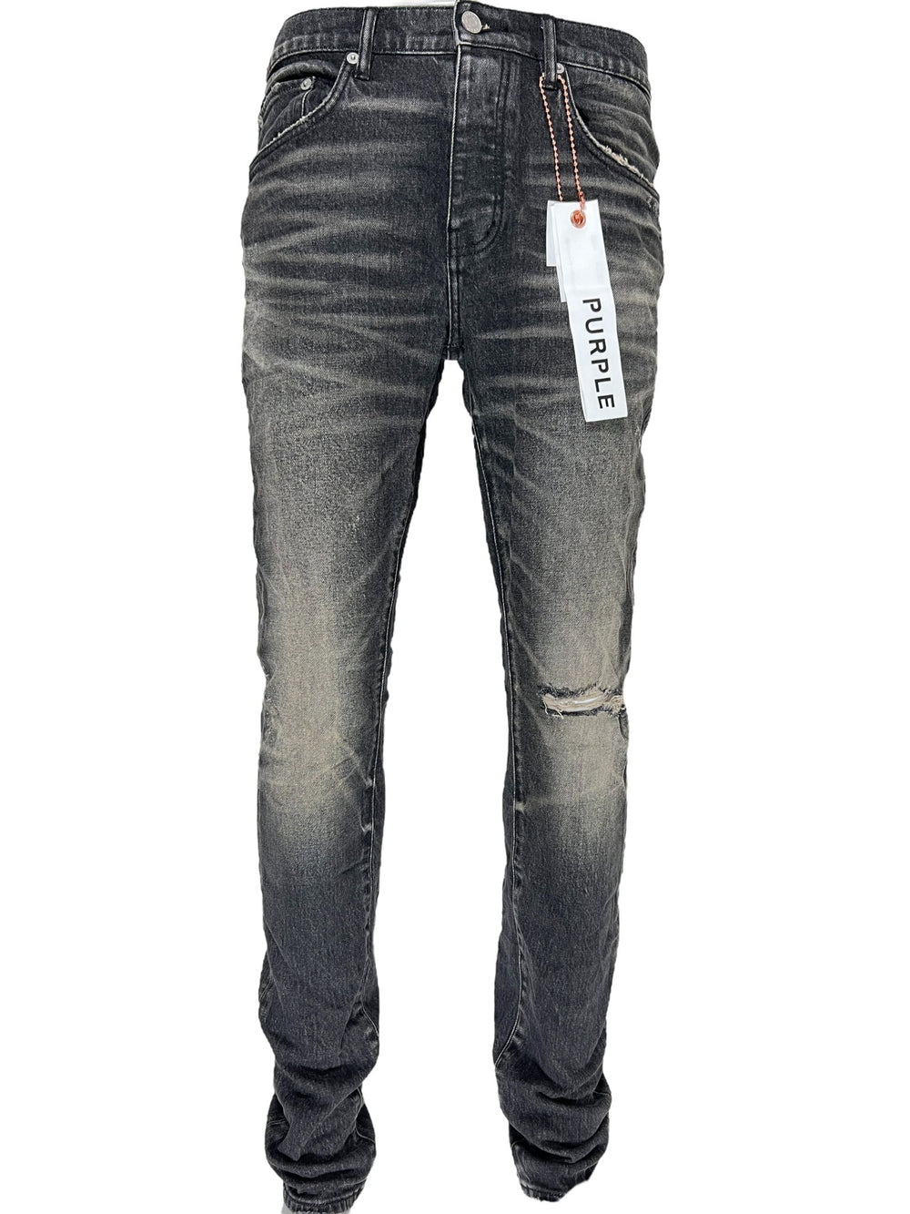 A pair of PURPLE BRAND men's premium jeans with a tag on them.