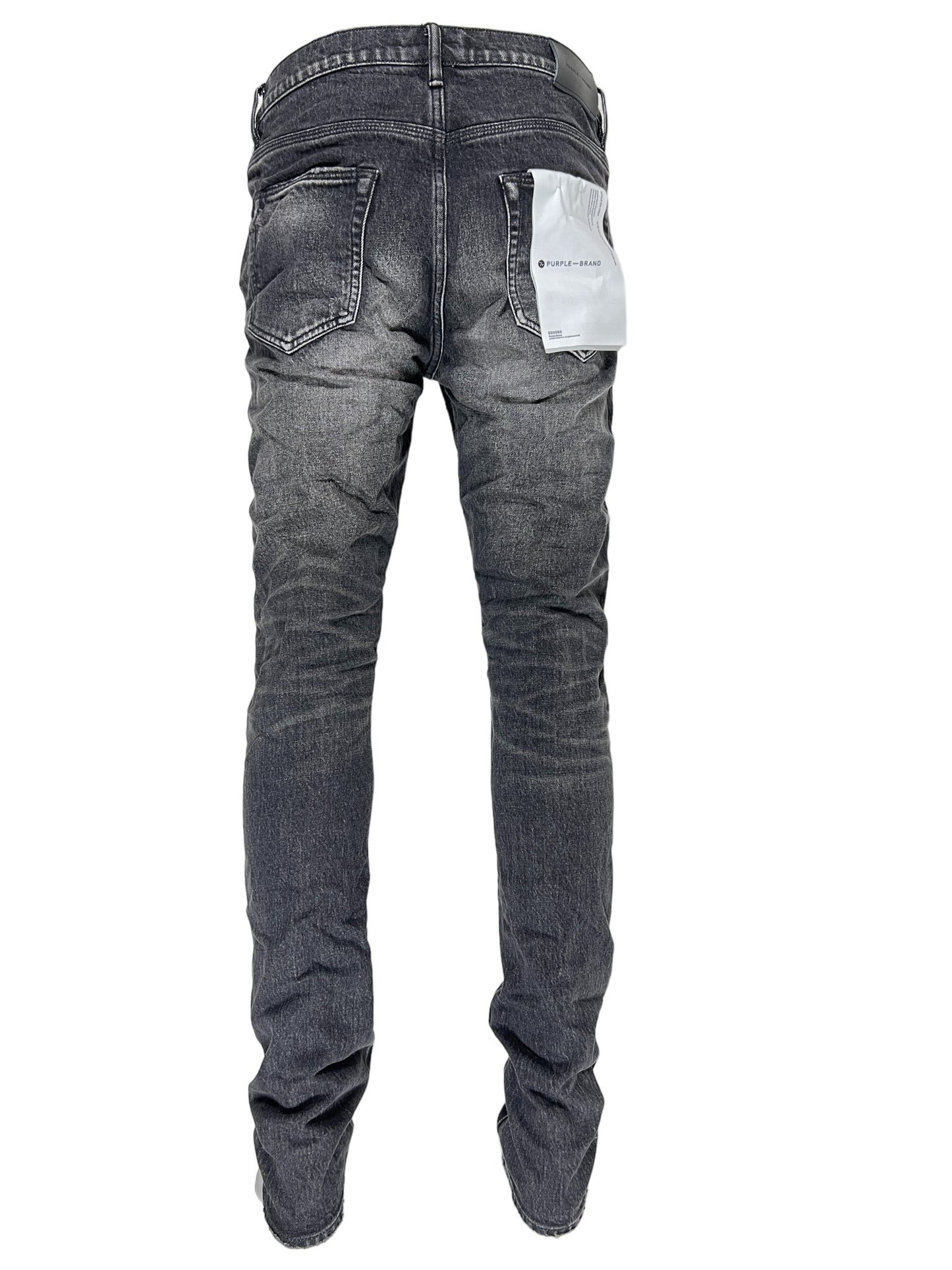 A pair of PURPLE BRAND jeans, style P001-TYFB 2 Year Dirty Fade Black, with a low-rise design and a pocket on the back.
