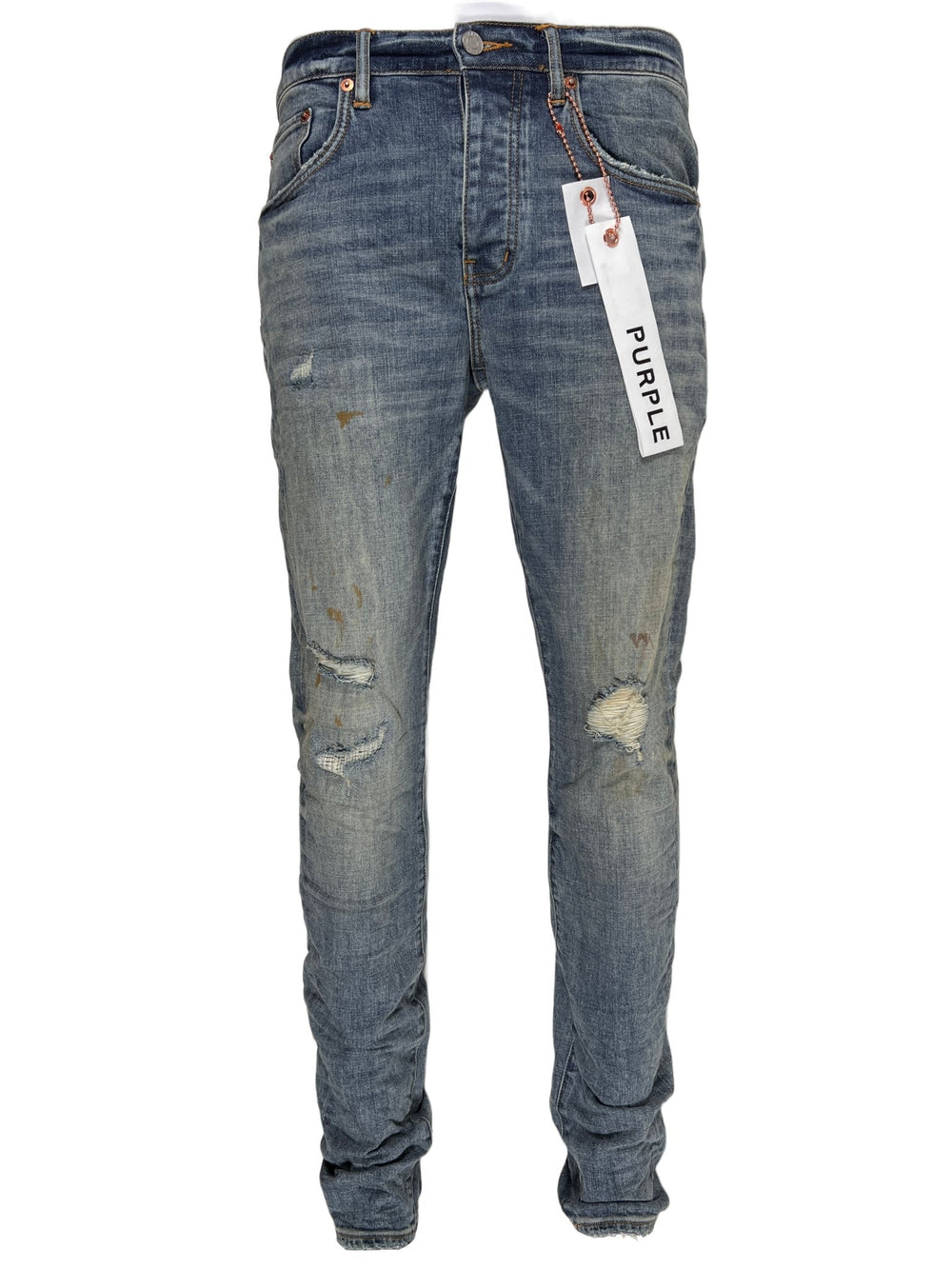 A pair of men's PURPLE BRAND JEANS P001-WLIB WORN LIGHT INDIGO BLOWOUT with a tag on them from PURPLE BRAND.