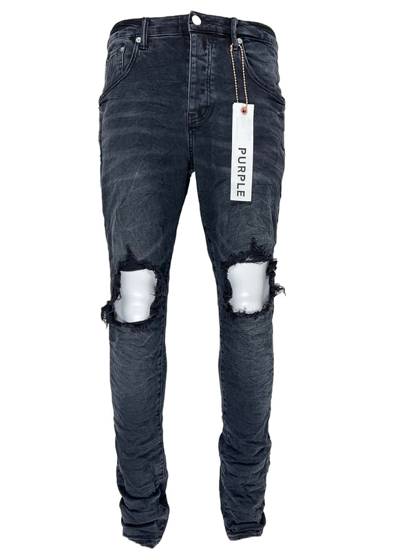 A pair of men's PURPLE BRAND JEANS P002-BLB BLACK WASH BLOWOUT with a tag on them.
