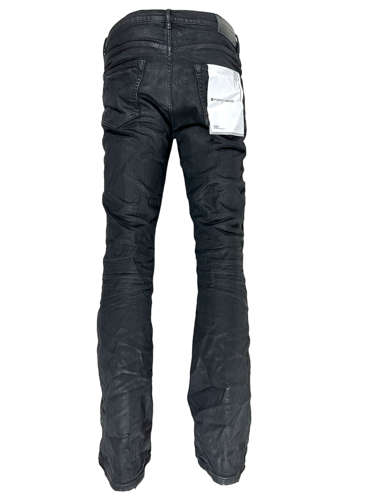 The back view of a pair of Purple Brand P004-BCRB Flare Pressed Coated Black Jeans.