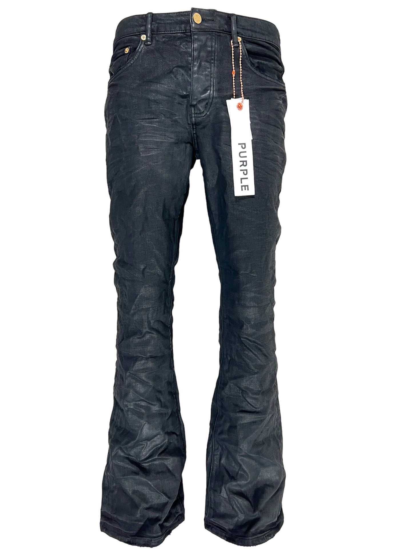 A pair of PURPLE BRAND P004-BCRB FLARE PRESSED COATED BLACK JEANS with a tag on them.