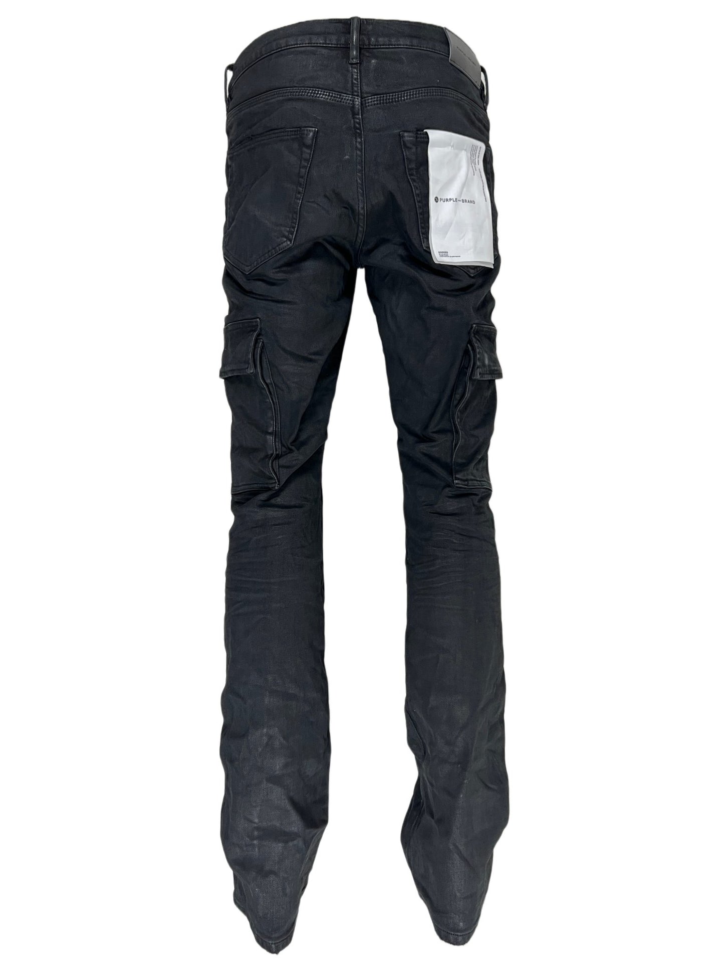 The back view of a pair of PURPLE BRAND JEANS P004-BLRC BLACK RESIN CARGO FLARE pants with a waxed finish.