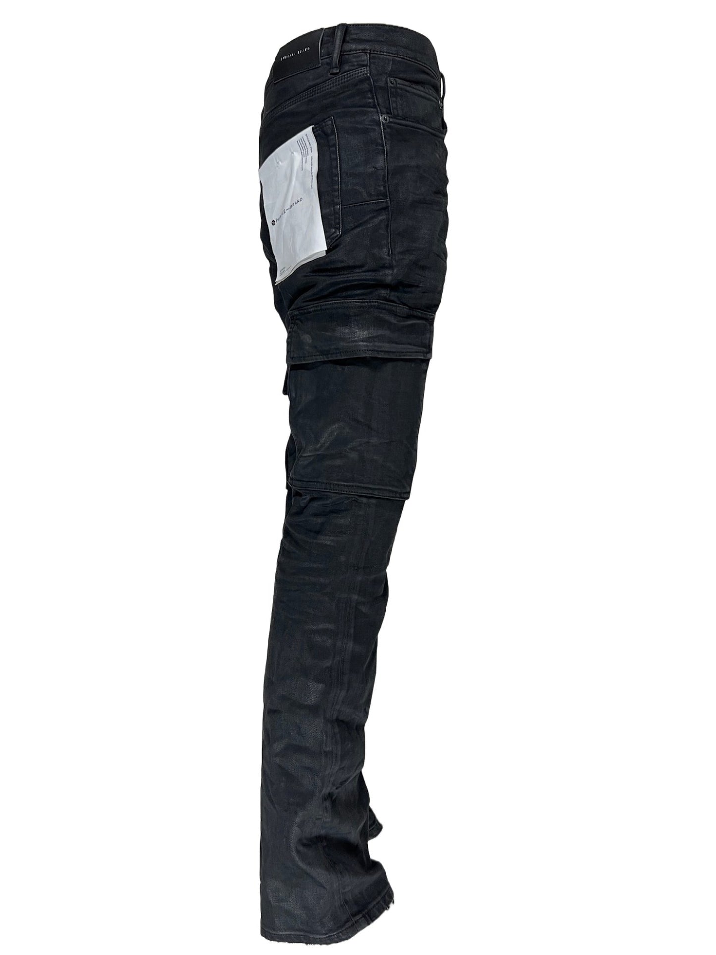 The back view of a pair of PURPLE BRAND JEANS P004-BLRC BLACK RESIN CARGO FLARE BLACK with a waxed finish.