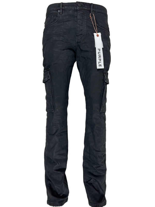 A pair of men's Purple Brand Jeans P004-BLRC Black Resin Cargo Flare Black with a waxed finish and a tag on them.