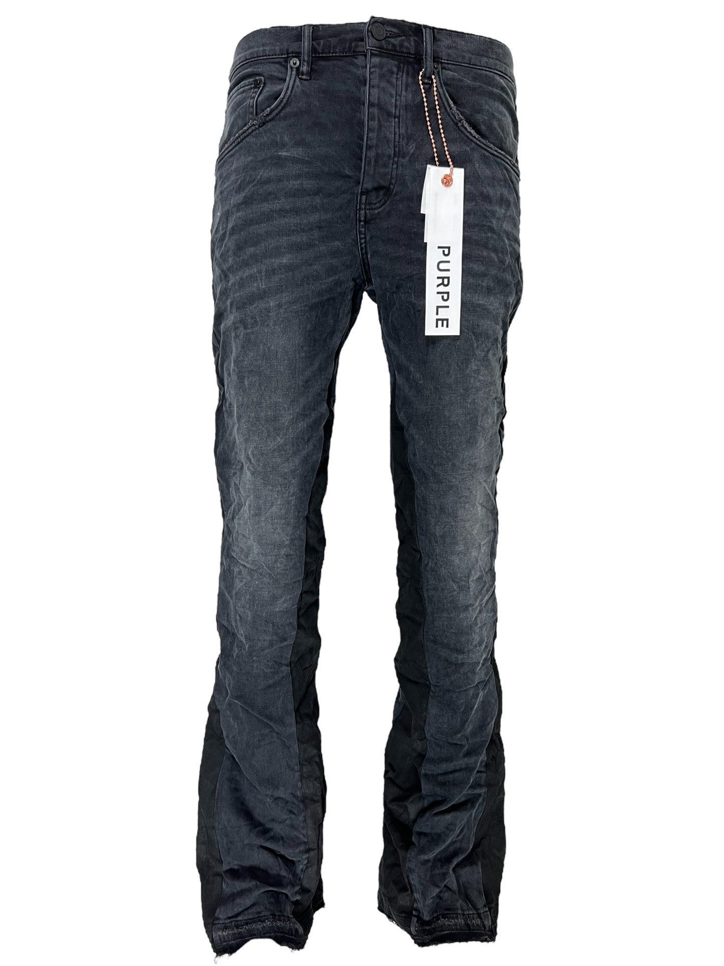 A pair of men's PURPLE BRAND JEANS P004-BLRD DOUBLE PANELS FLARE BLOWOUTS BLK with a tag on them.